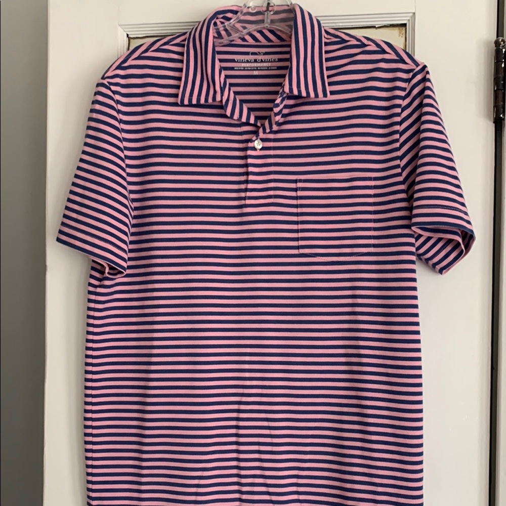 Vineyard Vines Men’s Pink and Blue Striped Golf Shirt